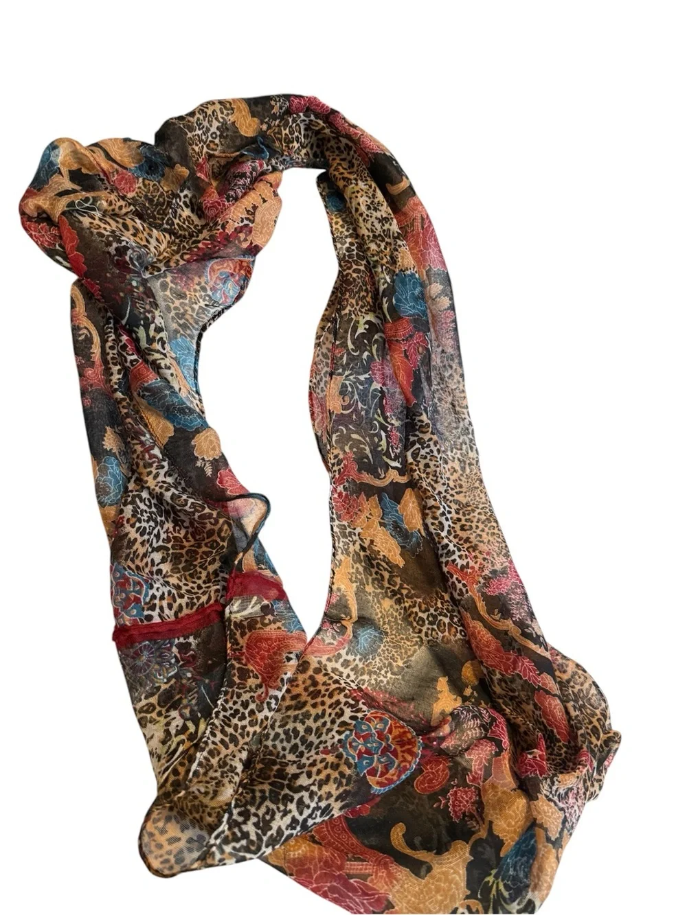 Lightweight Leopard & Floral Patchwork Oblong Scarf. Boho Chic Wrap